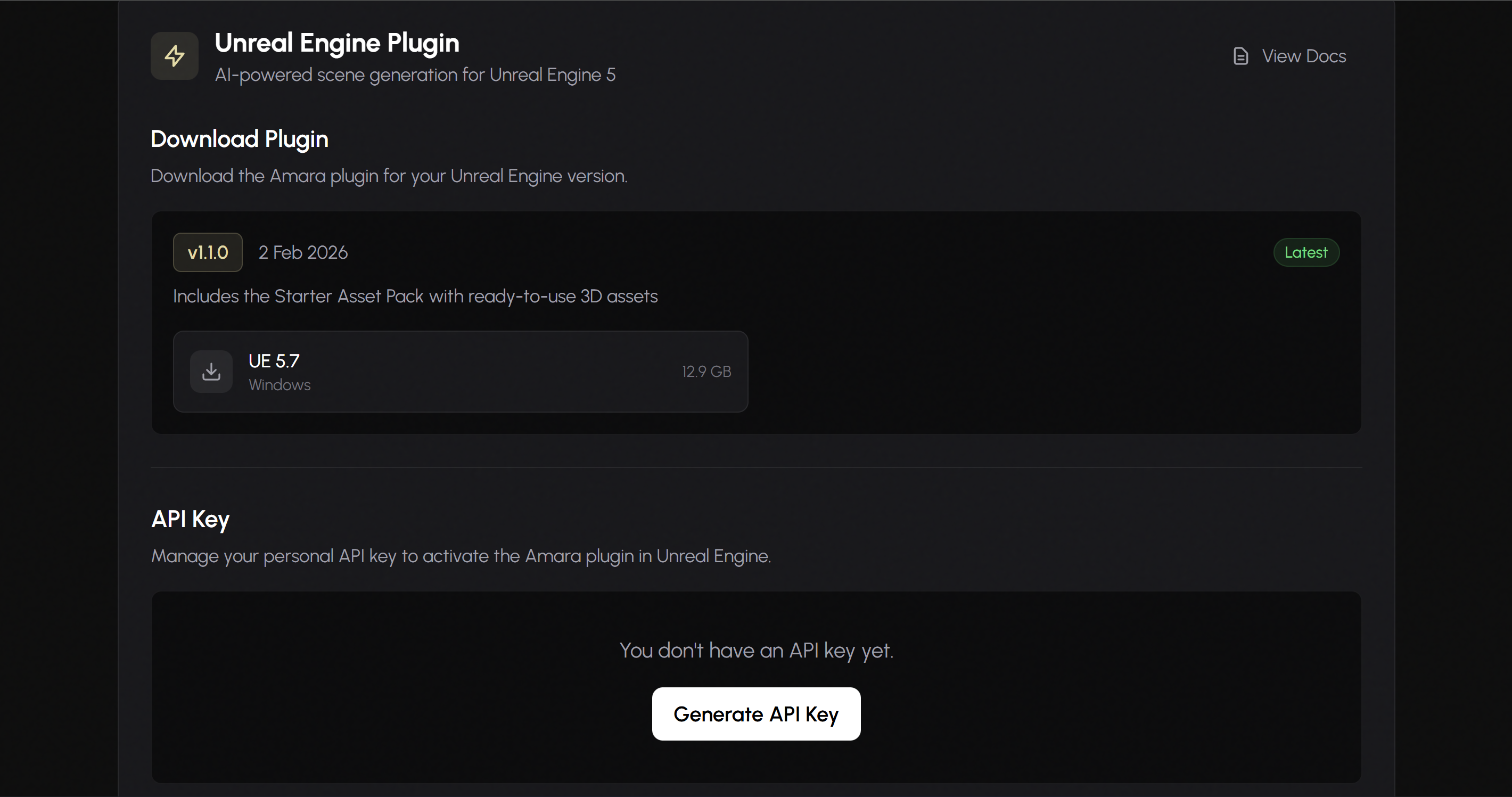 Profile page showing Unreal Engine Plugin section with API Key generation
